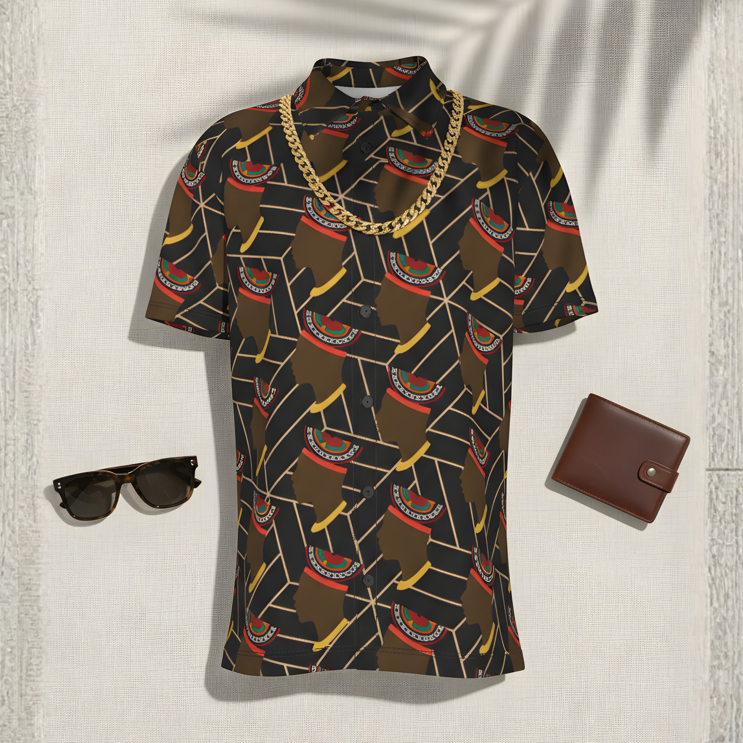 African Print Button-Up Shirt: Bamenda Toghu Hat, Four-Way Stretch