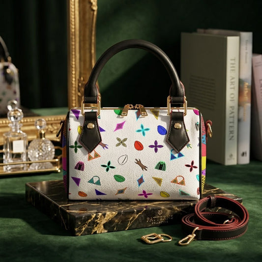 A colorful handbag with a pattern of various shapes and designs, placed on a marble surface next to a book and a red strap.
