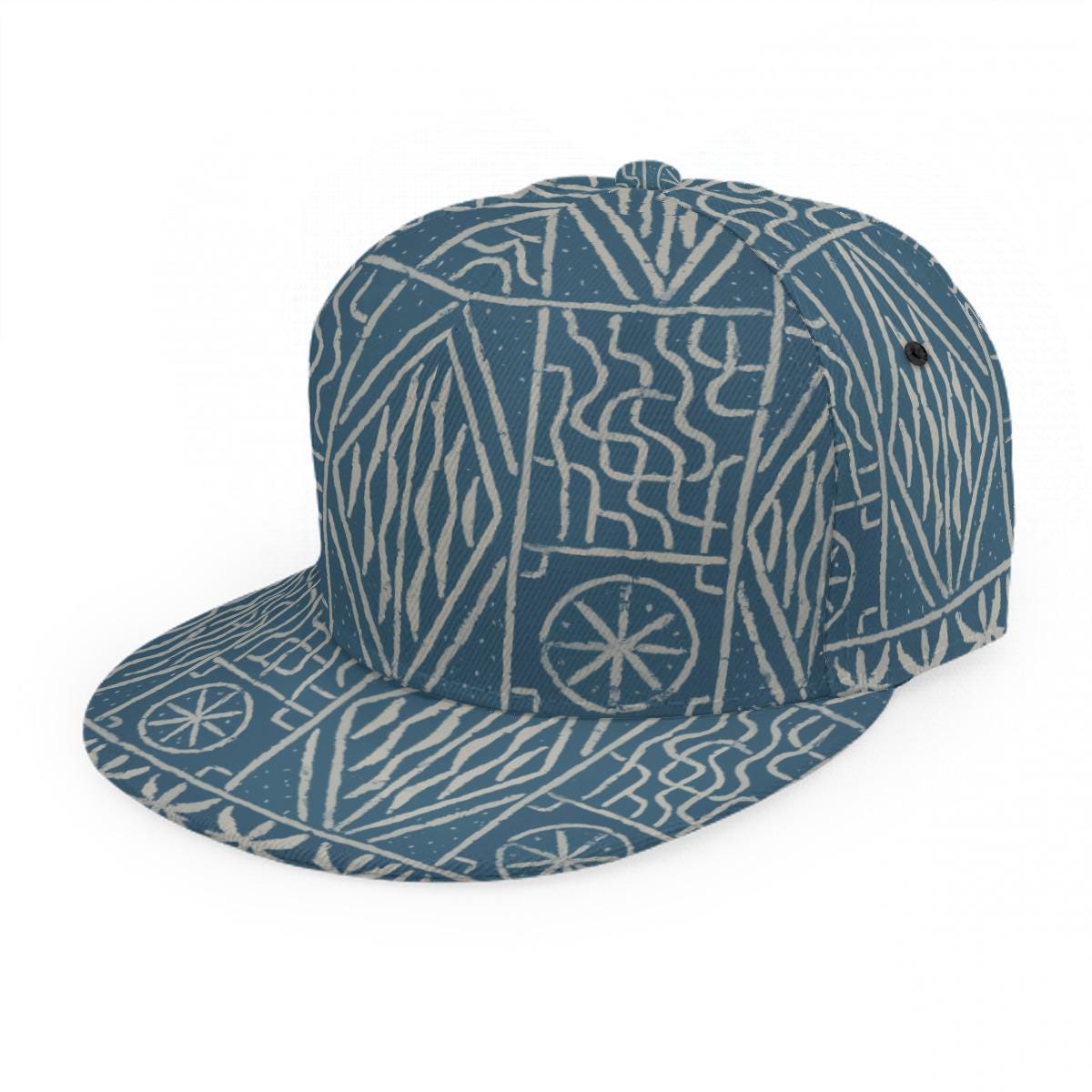 Ndop Flat Brim Snapback Hat, Blue Tribal Pattern Baseball Cap