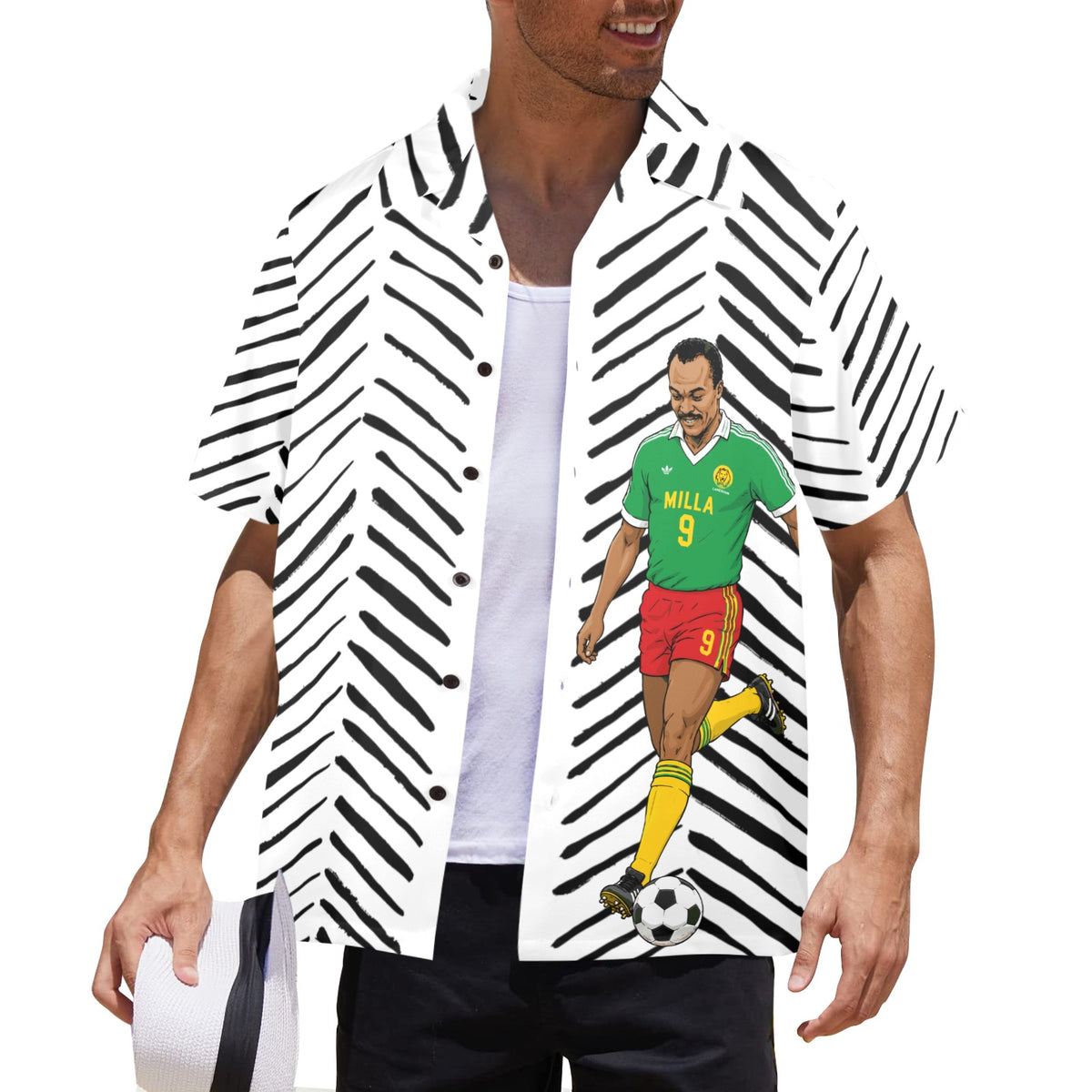 Roger Milla Hawaiian Shirt ,Cameroon Football Legend, Mudcloth Resort Shirt , African Soccer Camp Collar Button Up