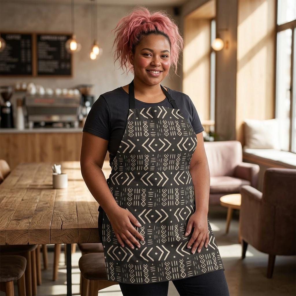 Mudcloth Print Apron, African Kitchen Gardening Apron, Retro Cooking Style, Polyester Fabric