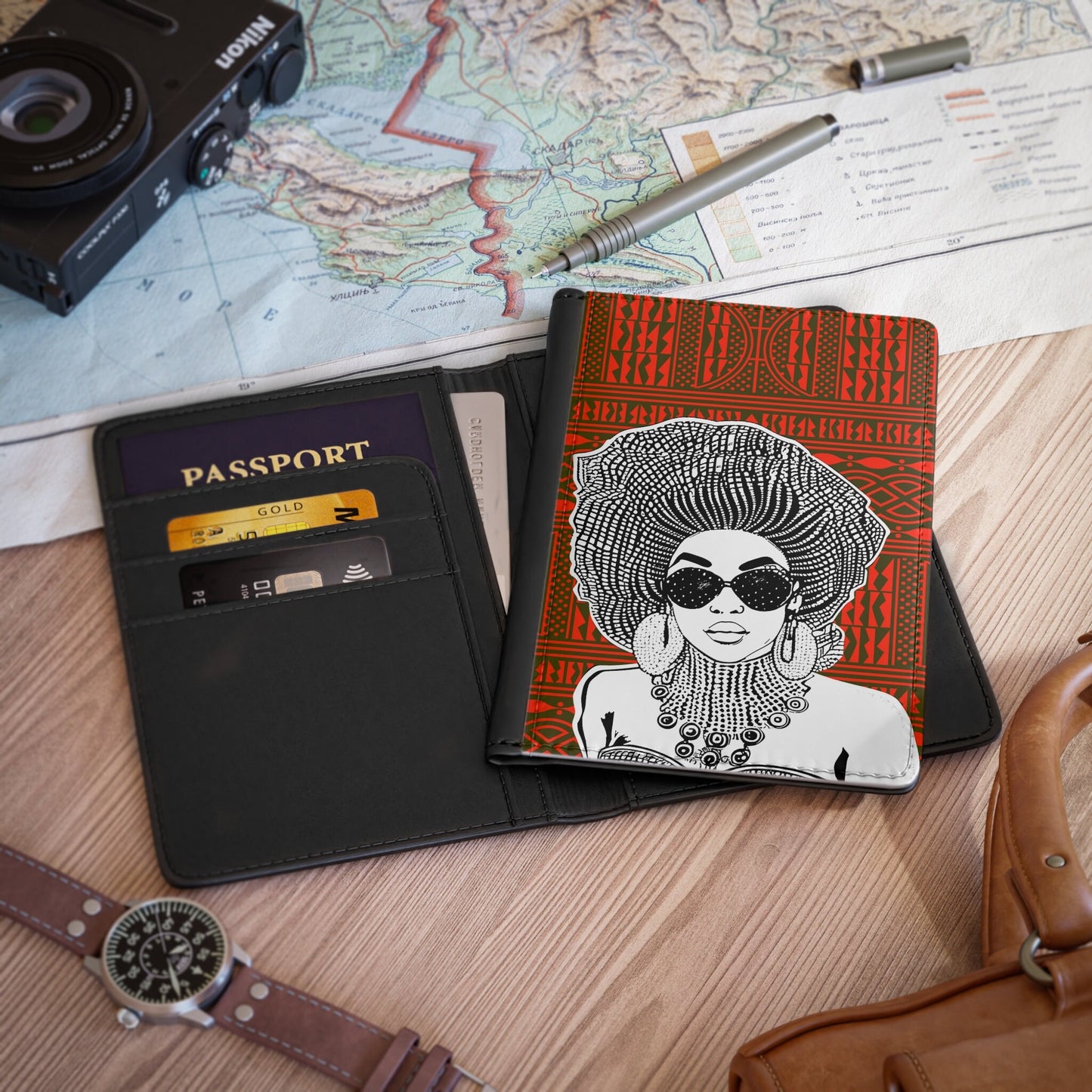 Madame Headtie(BW)- Red Ndop - Passport Cover
