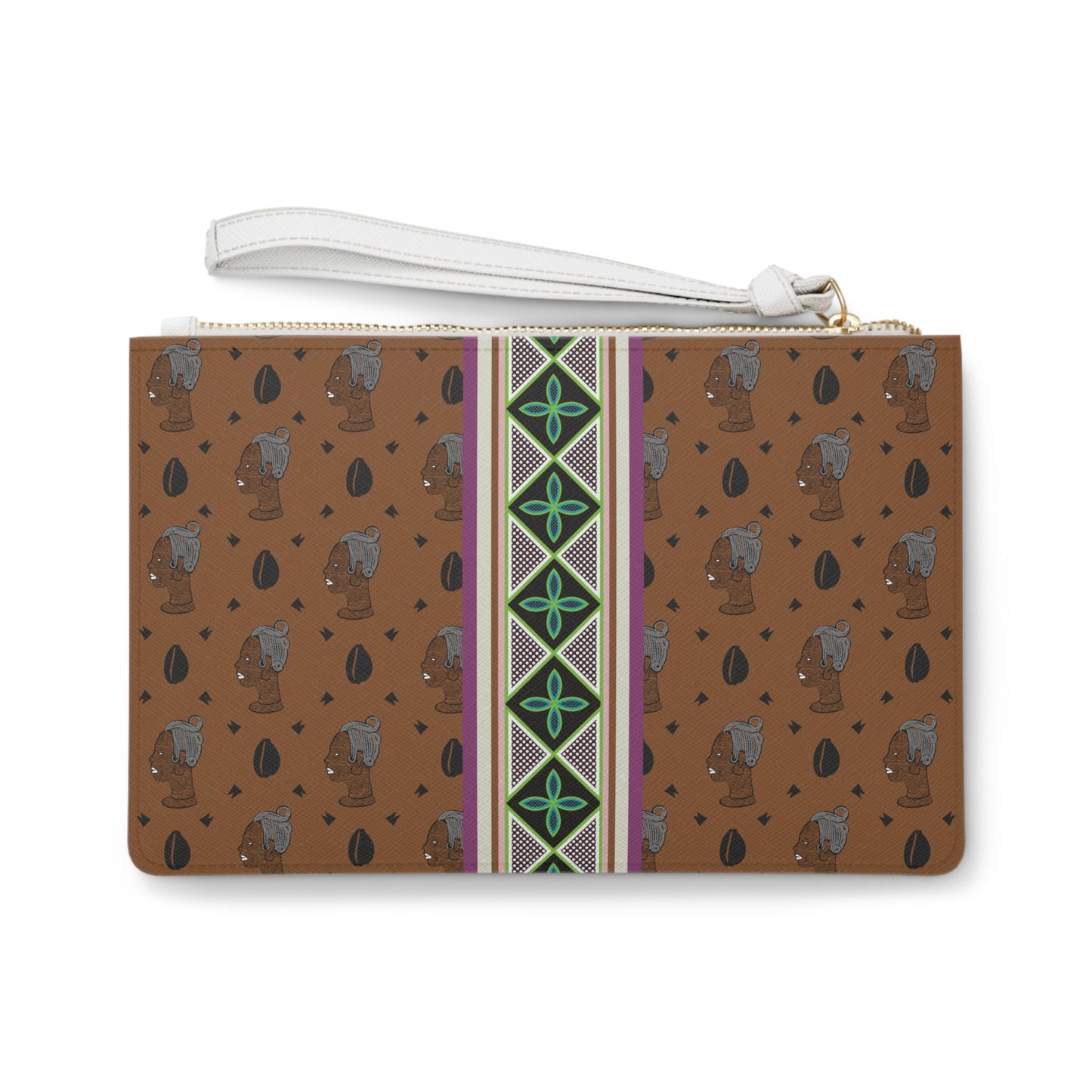 Haus of Kongossa (HOK) Brown Cowrie with Strip Wristlet Clutch Bag