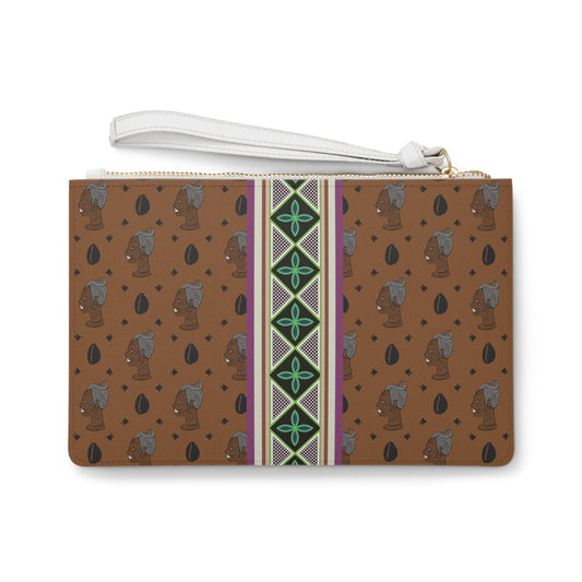 Haus of Kongossa (HOK) Brown Cowrie with Strip Wristlet Clutch Bag