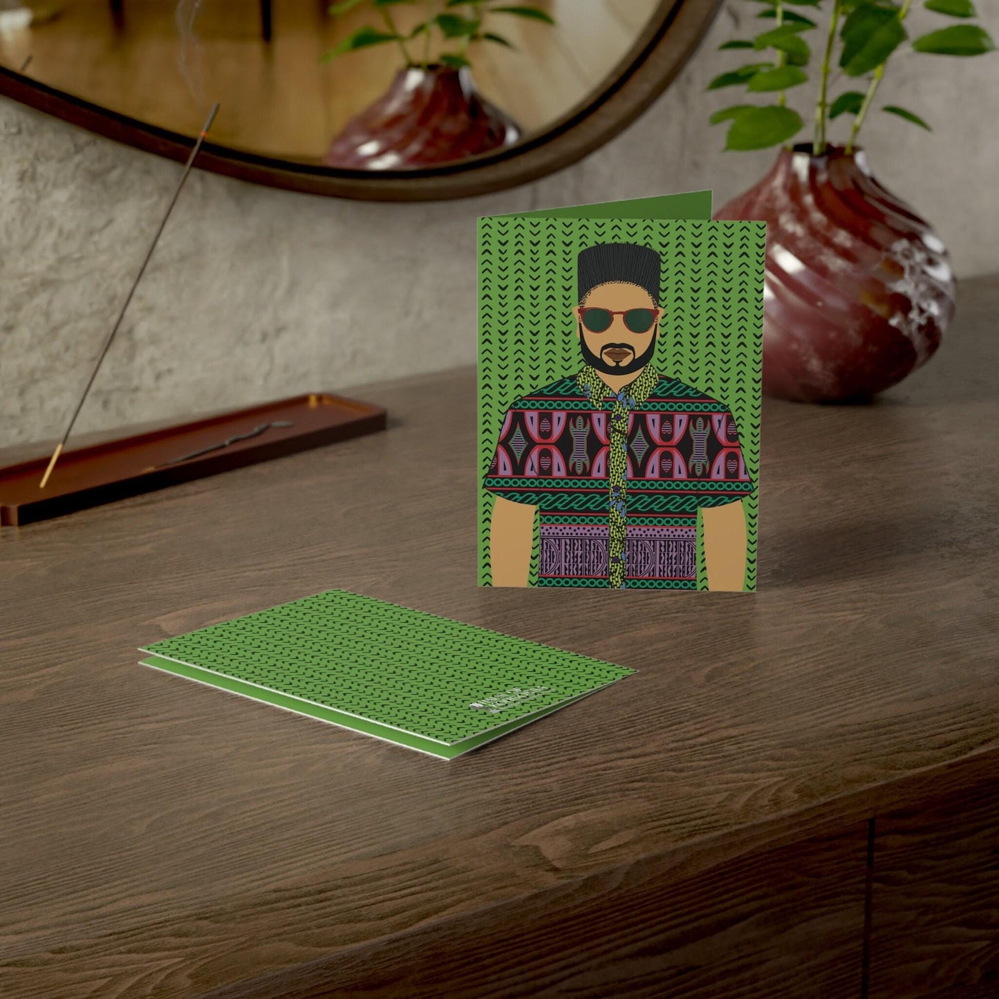 Phillipe(Sand) in Purple Toghu on Green Mudcloth - African Greeting Cards (1pc, 10pc)