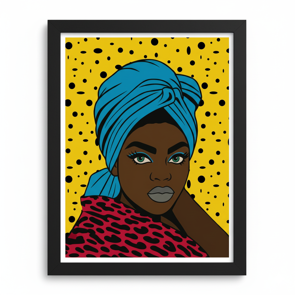 The image is a framed illustration of a woman wearing a turban and a red and black patterned shirt, set against a yellow background with black polka dots.