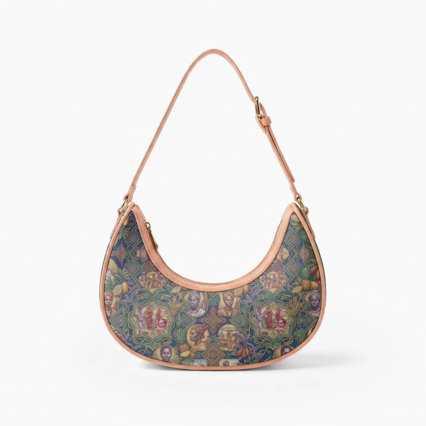 A handbag with a colorful, patterned design on the front.