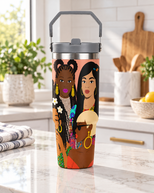 Black Girl Magic Collage, African-Inspired Black Women Art Tumbler with Top Handle (30oz)