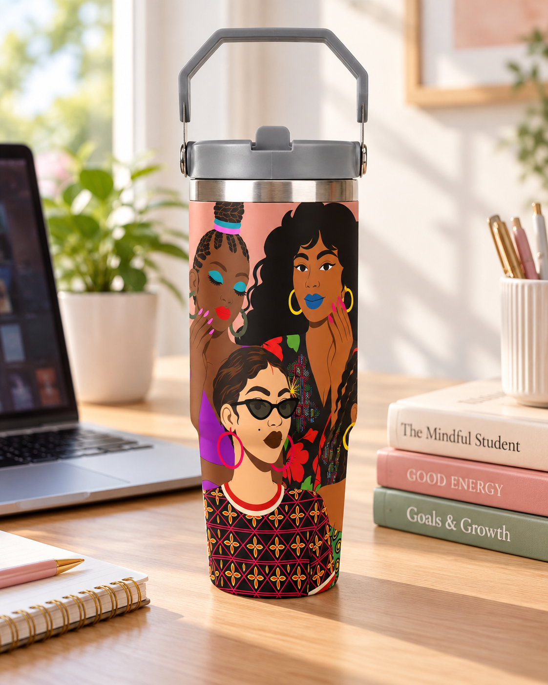 Black Girl Magic Collage, African-Inspired Black Women Art Tumbler with Top Handle (30oz)