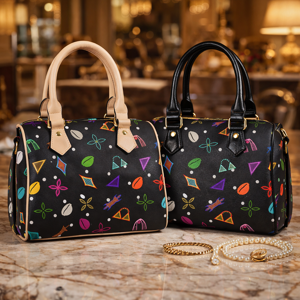 Black Neon Toghu Shapes Textured Vegan Leather Satchel Bag, with polka dots, Khaki or Black