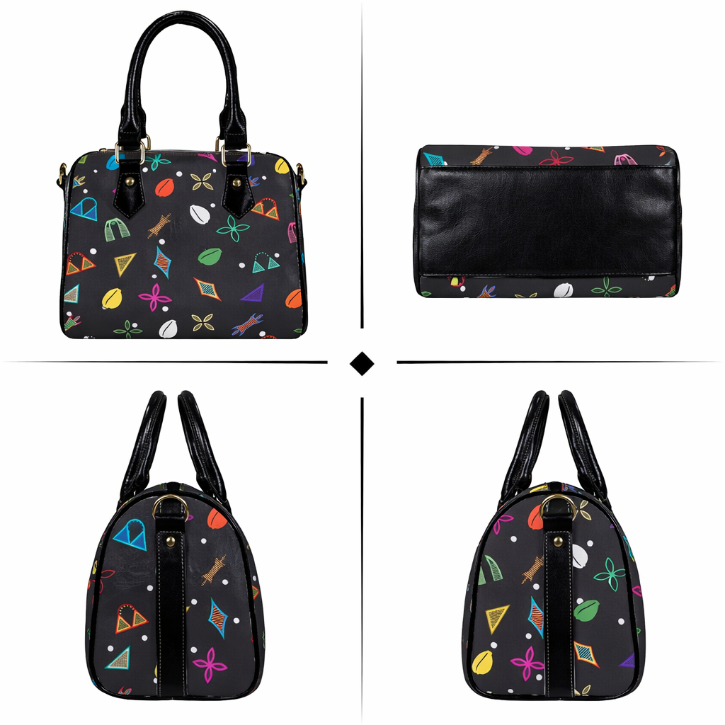 Black Neon Toghu Shapes Textured Vegan Leather Satchel Bag, with polka dots, Khaki or Black