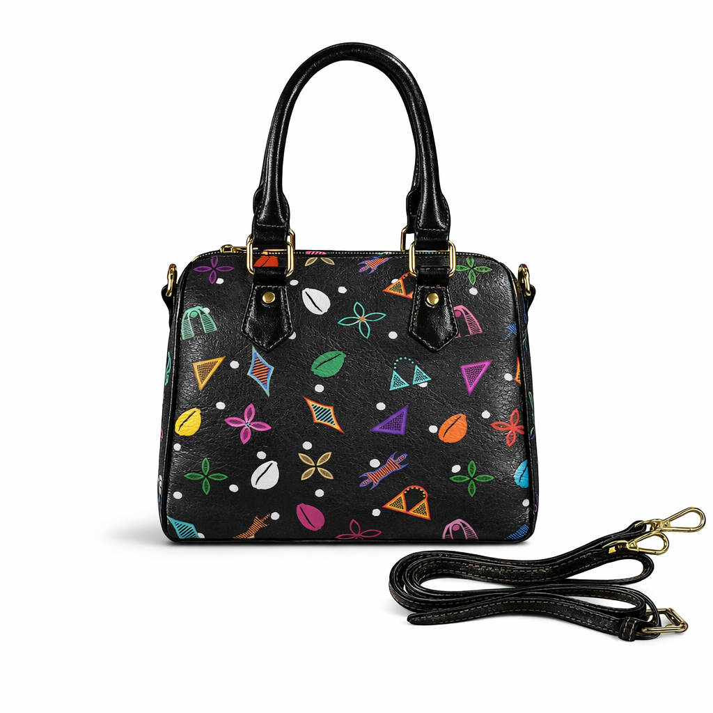 Black Neon Toghu Shapes Textured Vegan Leather Satchel Bag, with polka dots, Khaki or Black