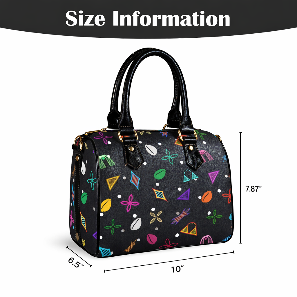 Black Neon Toghu Shapes Textured Vegan Leather Satchel Bag, with polka dots, Khaki or Black