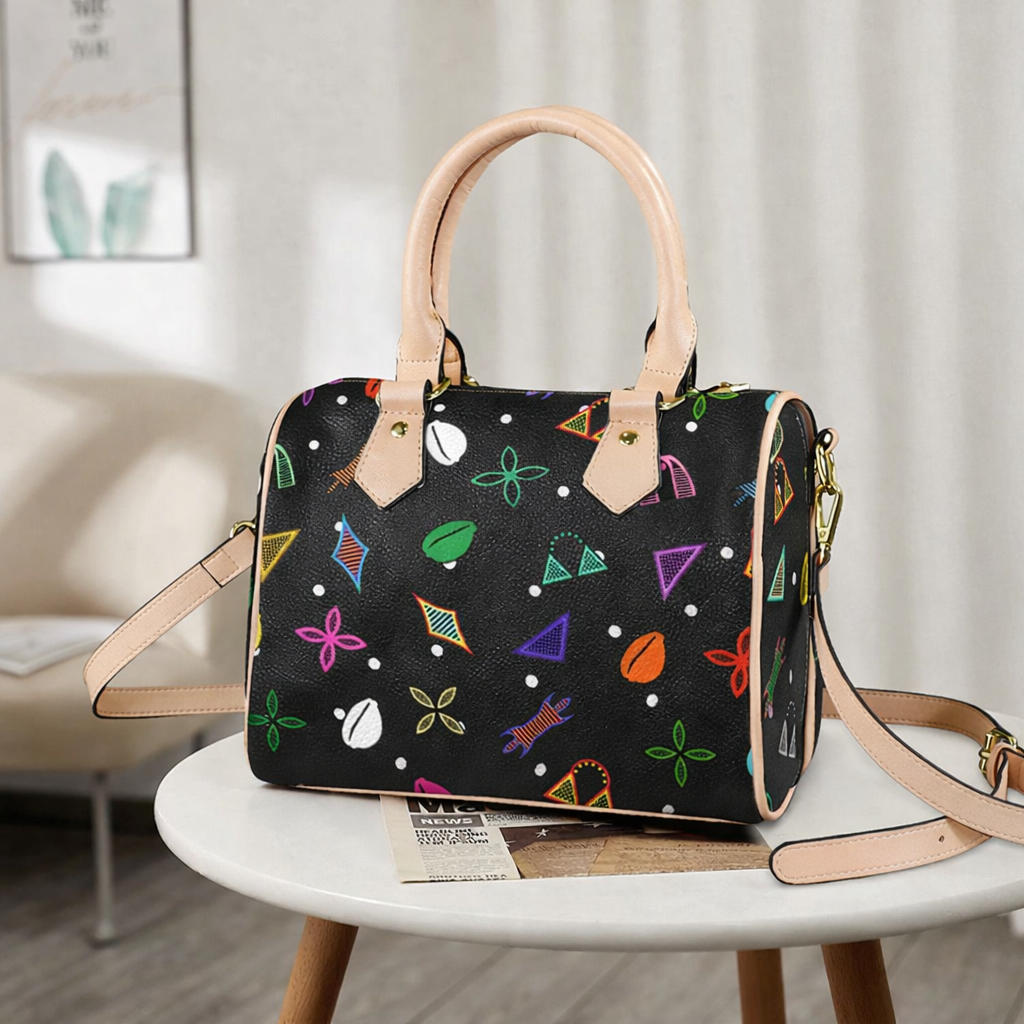 Black Neon Toghu Shapes Textured Vegan Leather Satchel Bag, with polka dots, Khaki or Black