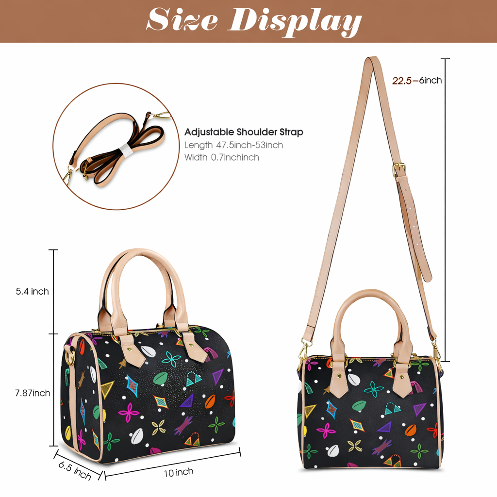 Black Neon Toghu Shapes Textured Vegan Leather Satchel Bag, with polka dots, Khaki or Black
