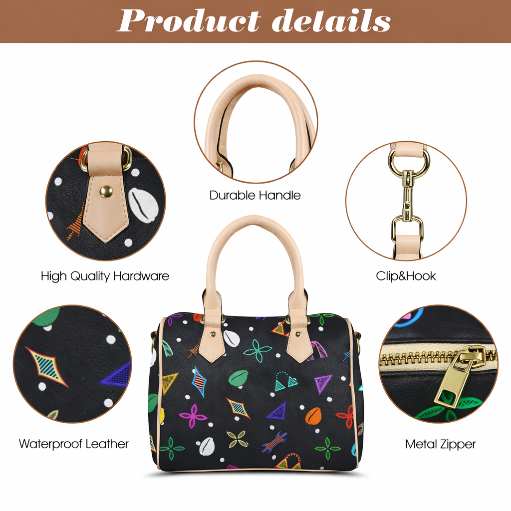 Black Neon Toghu Shapes Textured Vegan Leather Satchel Bag, with polka dots, Khaki or Black