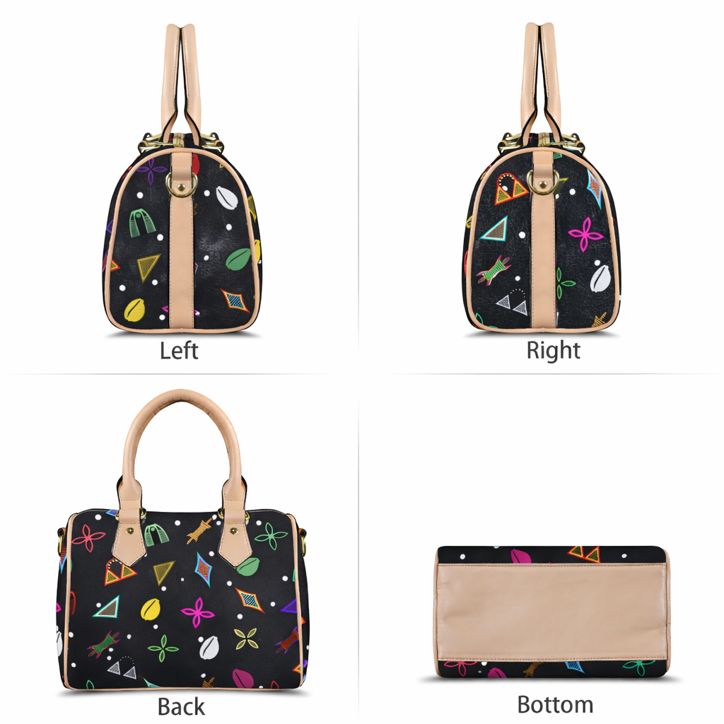 Black Neon Toghu Shapes Textured Vegan Leather Satchel Bag, with polka dots, Khaki or Black