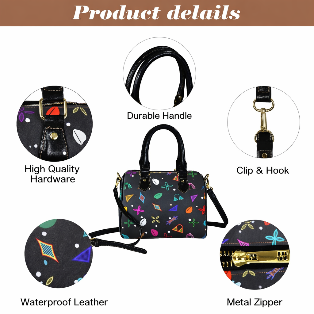 Black Neon Toghu Shapes Textured Vegan Leather Satchel Bag, with polka dots, Khaki or Black
