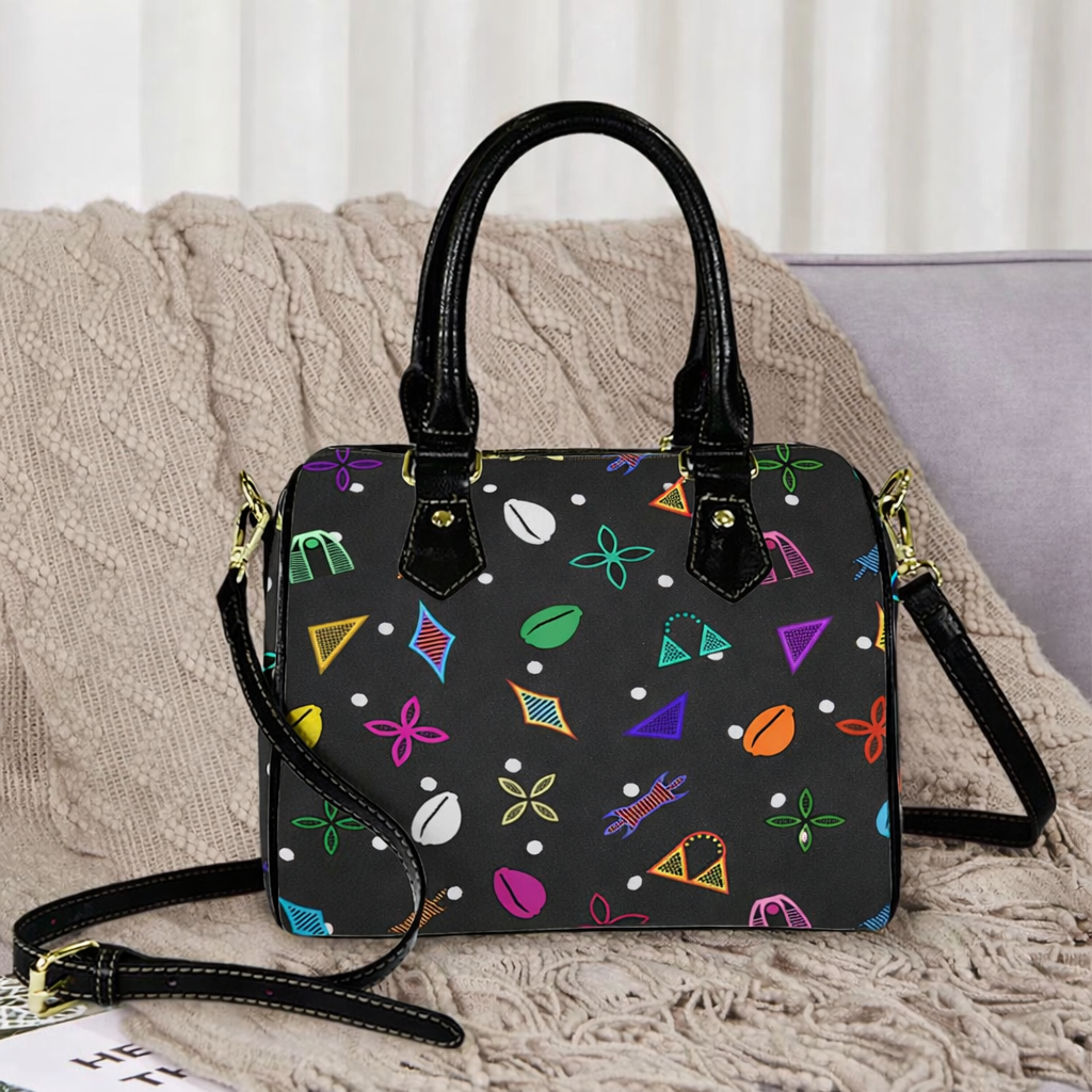Black Neon Toghu Shapes Textured Vegan Leather Satchel Bag, with polka dots, Khaki or Black