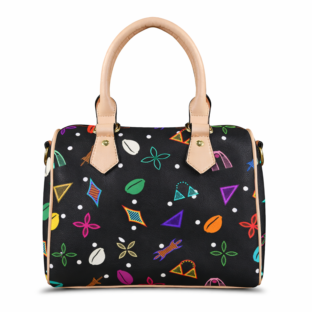 Black Neon Toghu Shapes Textured Vegan Leather Satchel Bag, with polka dots, Khaki or Black