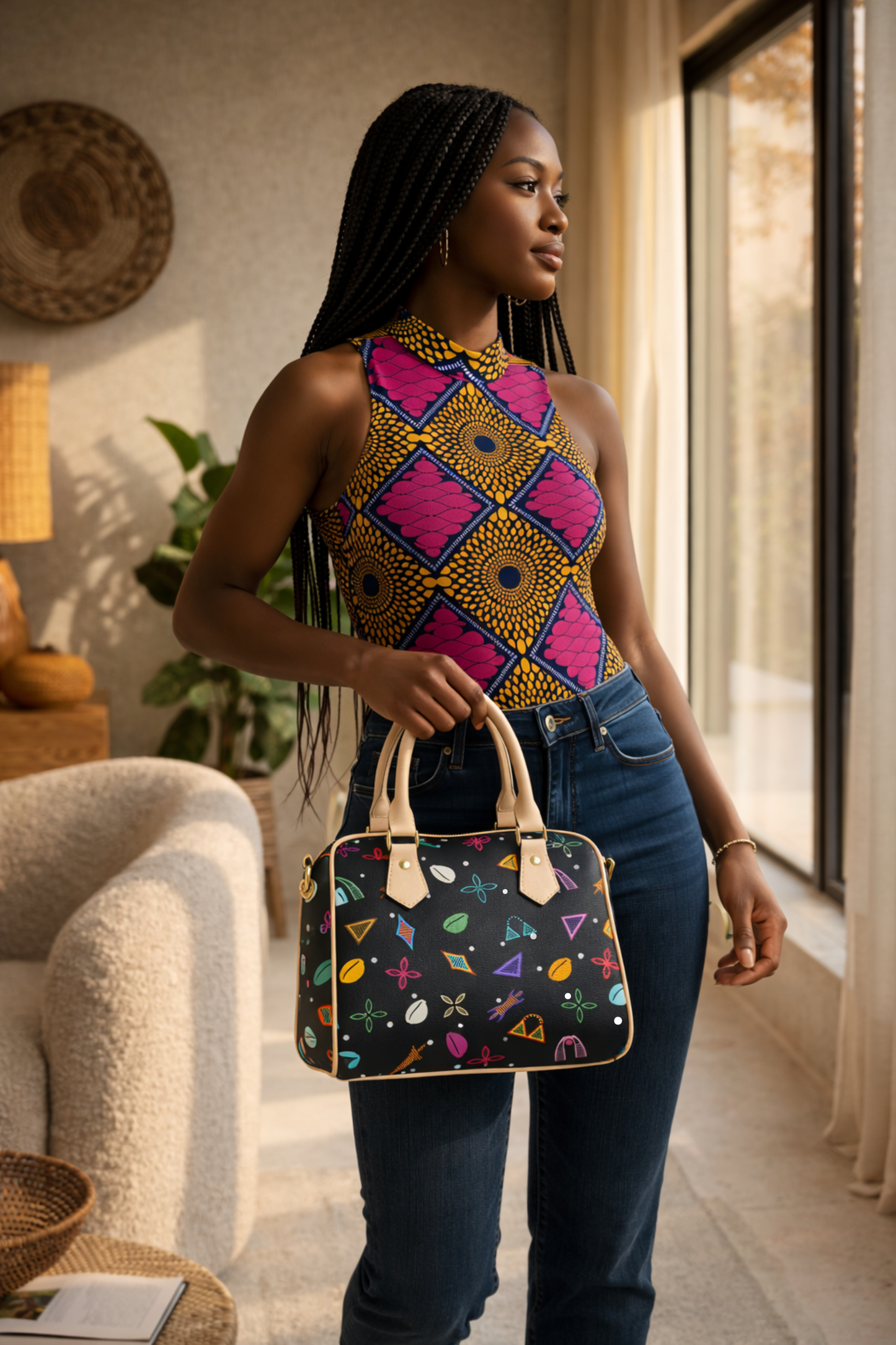 Black Neon Toghu Shapes Textured Vegan Leather Satchel Bag, with polka dots, Khaki or Black