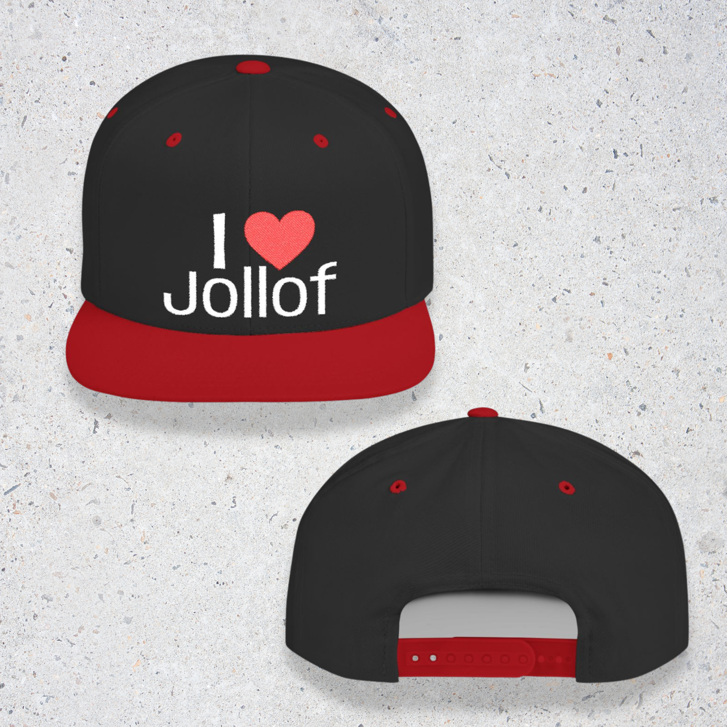 I luv Jollof Flat Bill Snapback Hat, Embroidered Adjustable One Size Cap