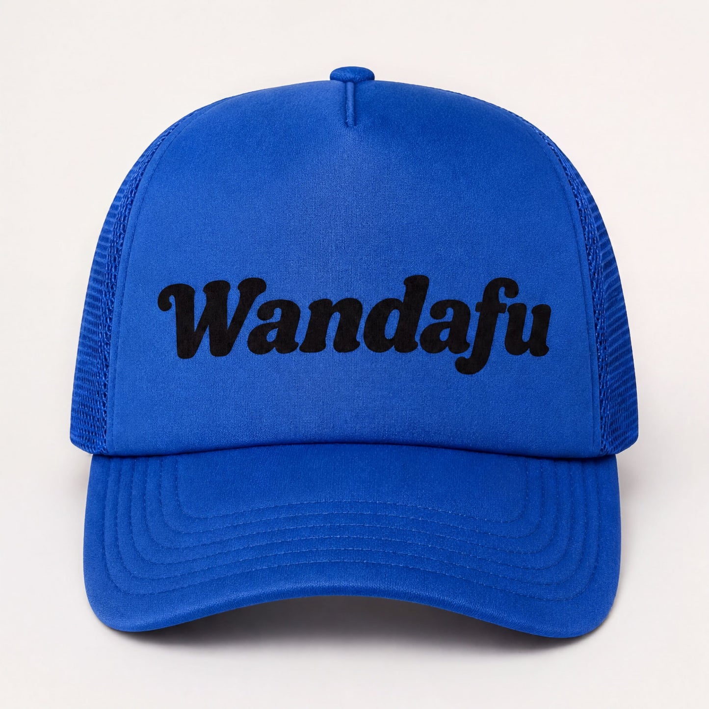 A blue baseball cap with the text "Wandafu" printed on it.