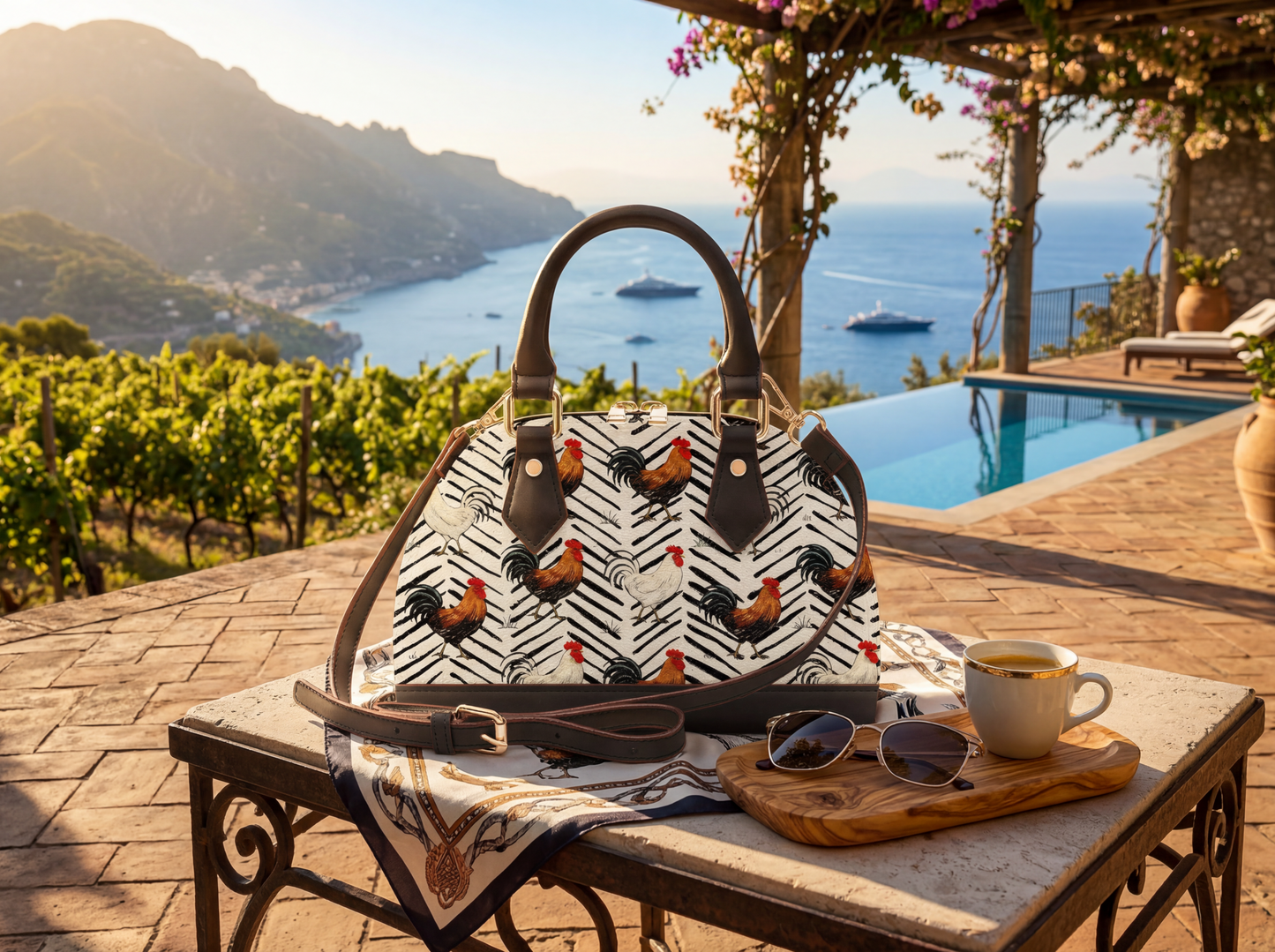 Roosters Mini Dome Satchel Bag,  Adjustable Top Handle Crossbody Bag with Black Toghu Shapes, Faux vegan Leather