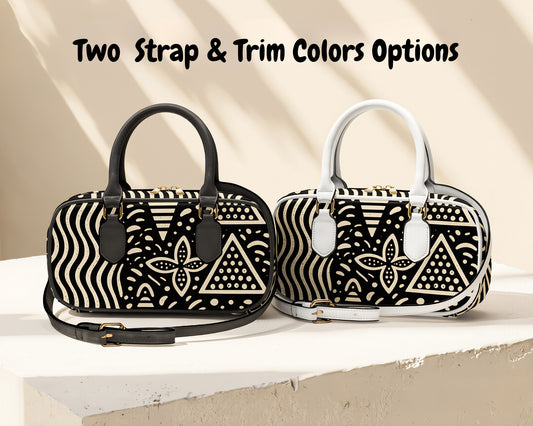 two handbags with black and white striped patterns, each with a different color strap.