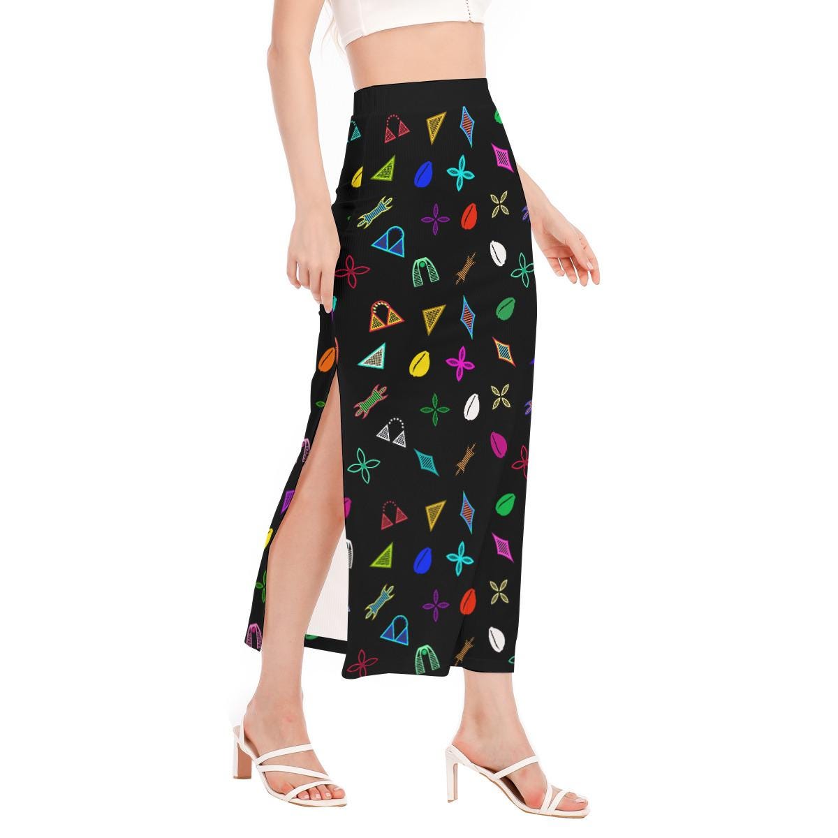 Neon Toghu Shapes Maxi Skirt: Women's Long Side Slit African Fashion, Ready to Ship