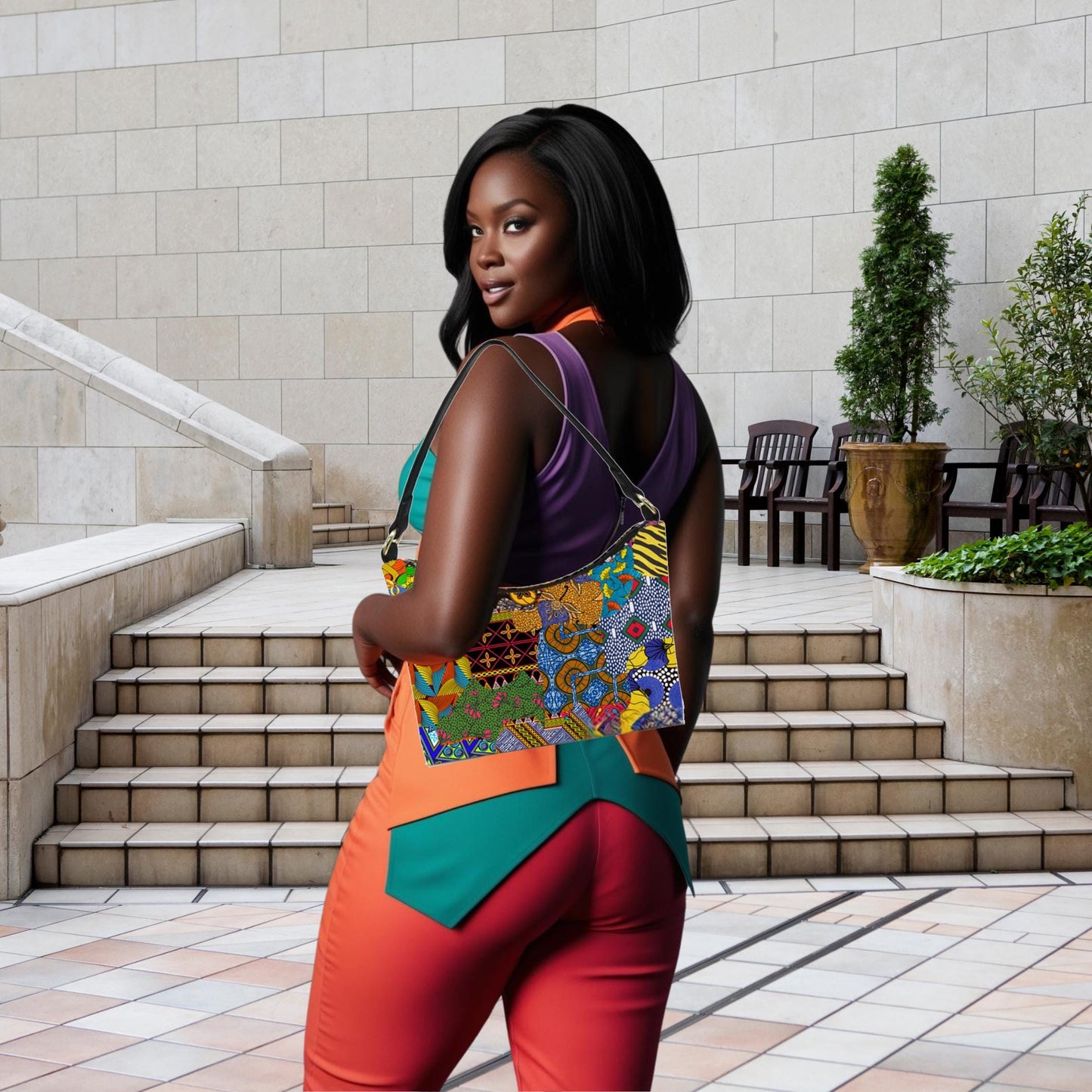 Blue Ankara Plaid Hobo Bag: Two-Sided Mini Shoulder Bag, Ready to Ship