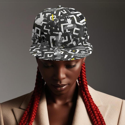 African Print Baseball Cap, Black and White with people Adjustable Snapback, Streetwear Style, Ready to Ship