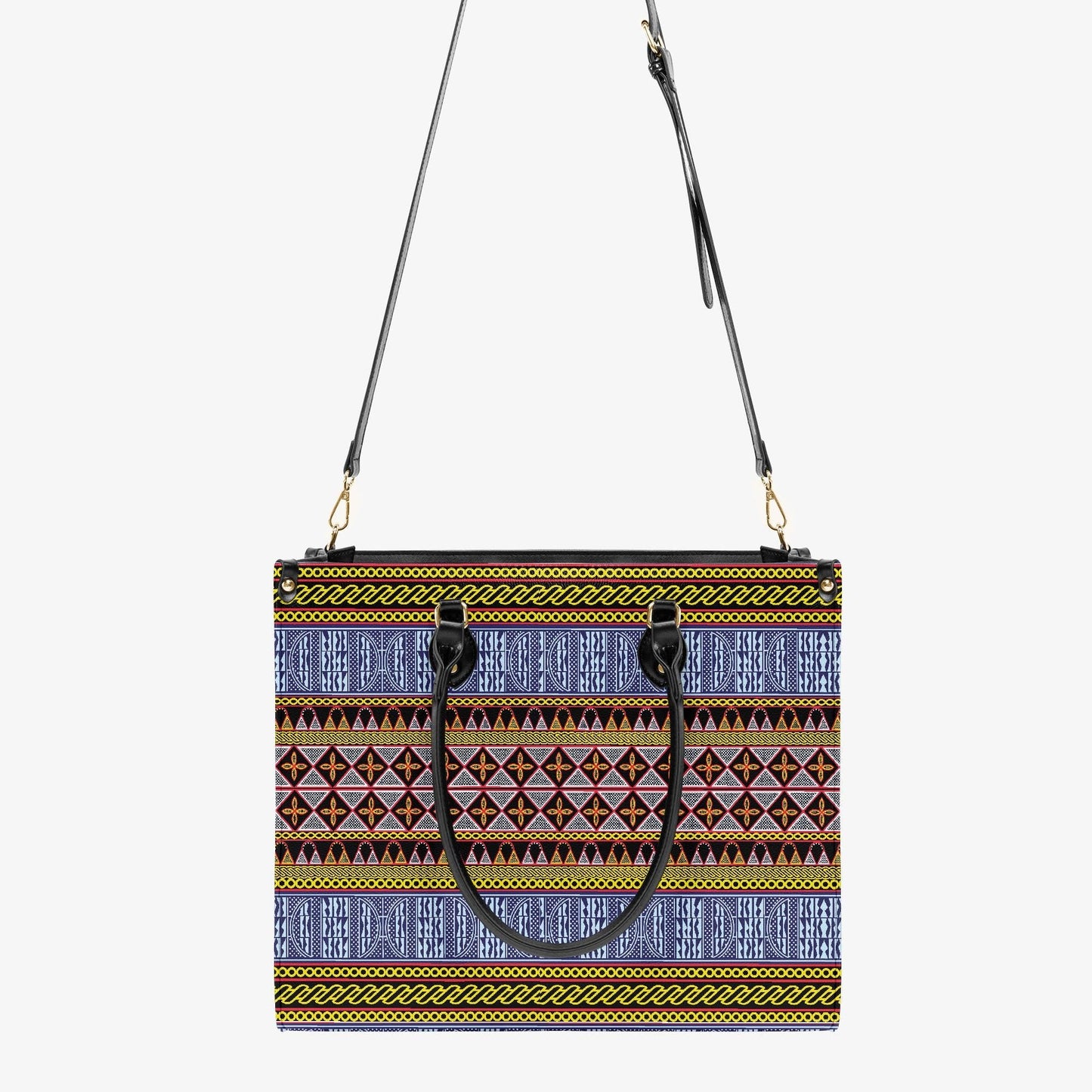 African Print Vegan Leather Tote Bag: Toghu and Ndop & BW Bells Design