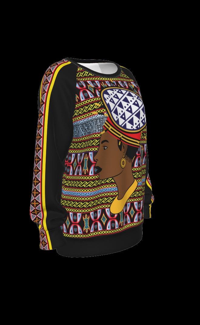 Bamileke Hat Lady, Women's Raglan Sleeve Sweatshirt, on Toghu and Ndop Print All-Over Print