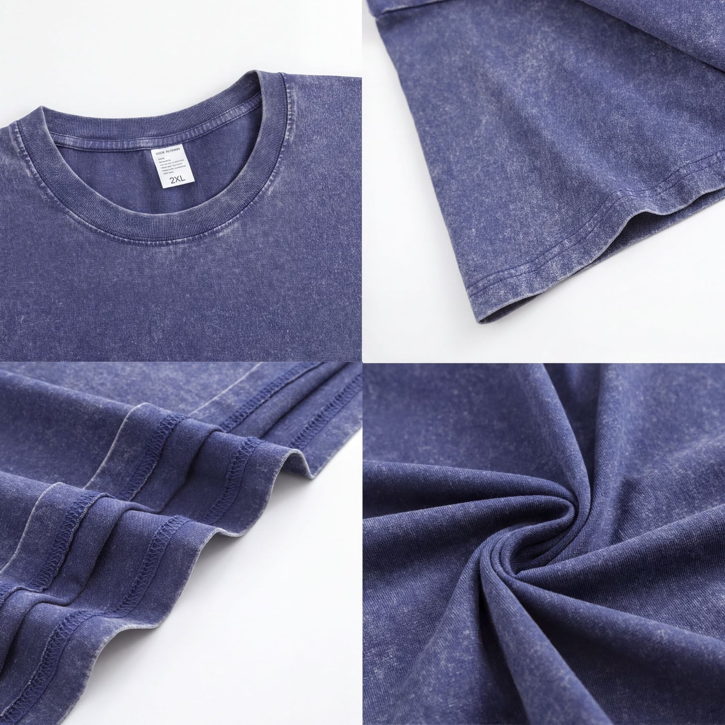 The image is a collage of four photos showing different aspects of a blue t-shirt, including the collar, sleeves, fabric texture, and a close-up view of the fabric.