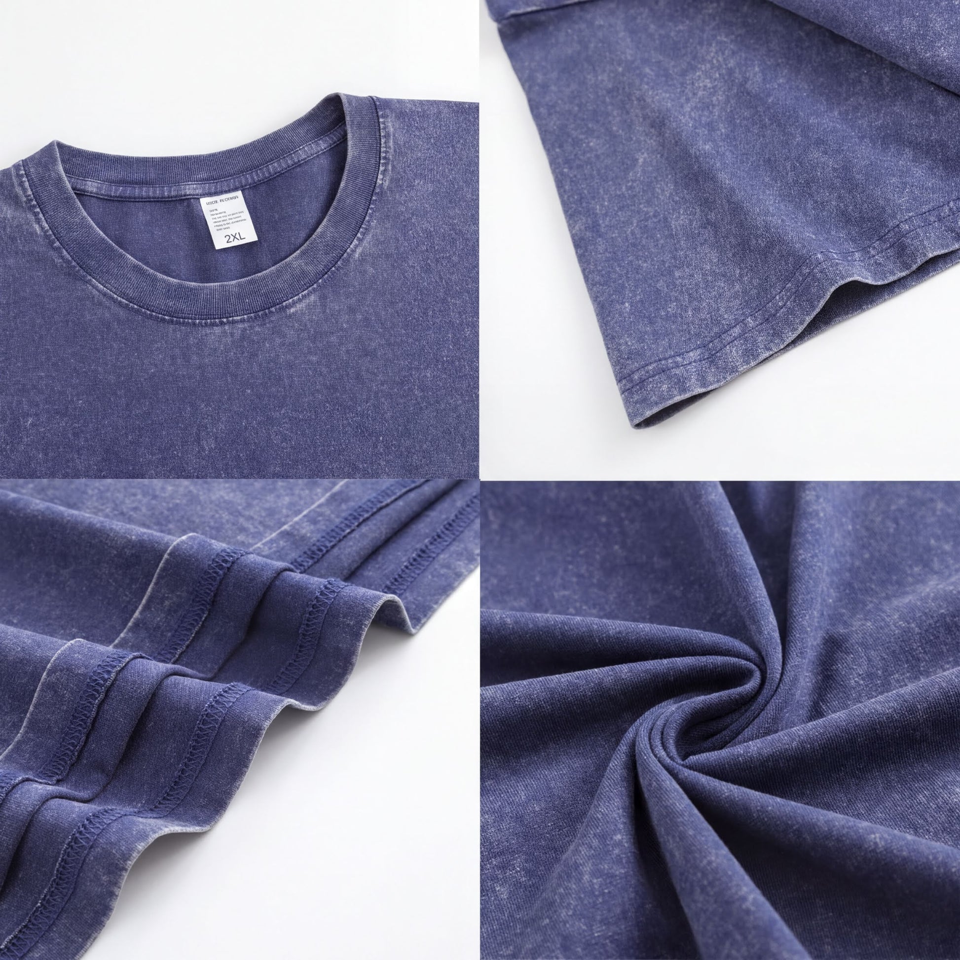 The image is a collage of four photos showing different aspects of a blue t-shirt, including the collar, sleeves, fabric texture, and a close-up view of the fabric.