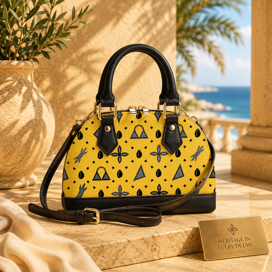 A yellow and black handbag with a patterned design sits on a marble surface, with a vase of greenery and a sign reading "Heritage in Every Detail" in the background.