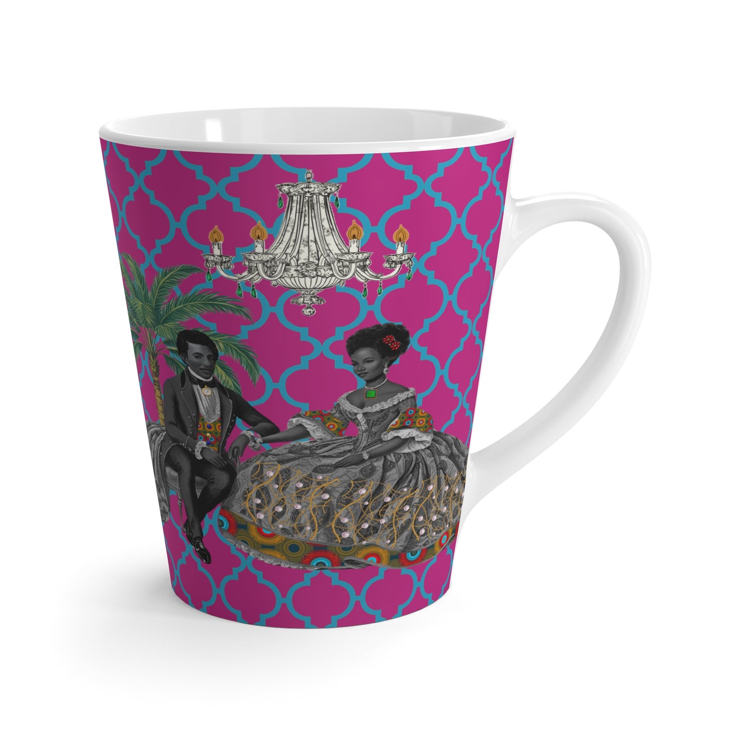 Toile Aristocrat Couple on Argyle Ceramic Coffee Latte Mug, 12oz - Unique Tea Cup, Vintage French Style, Gift for Tea Lovers, Retro
