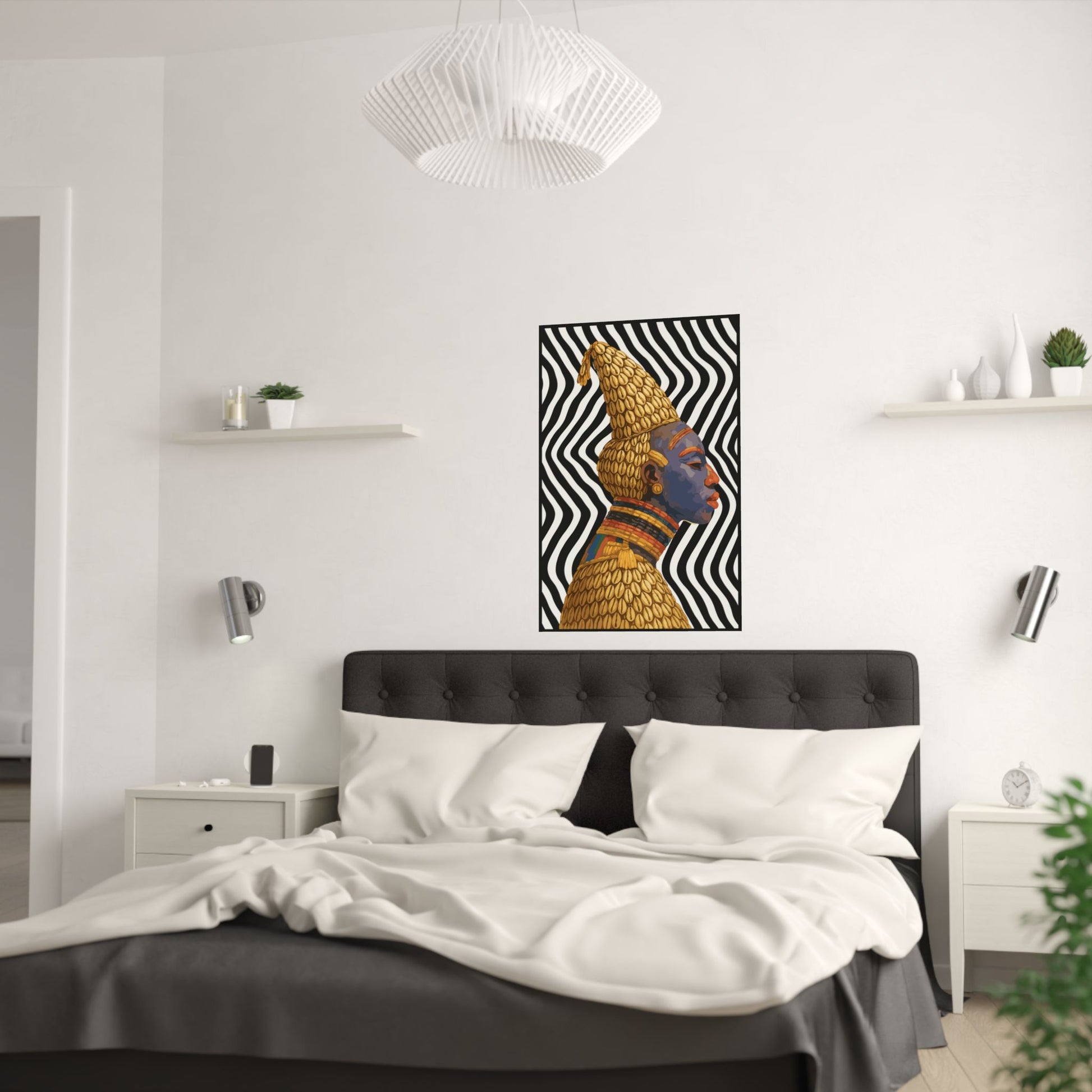 a modern bedroom with a large bed, a black headboard, and a colorful abstract painting hanging on the wall above the bed.
