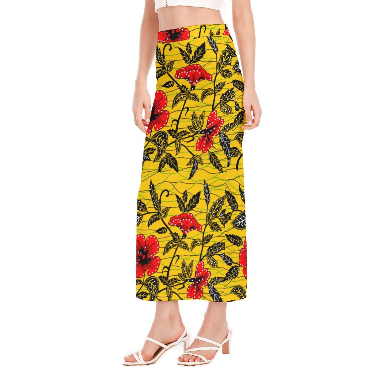 Yellow Floral Ankara Maxi Skirt: African Print Side Slit