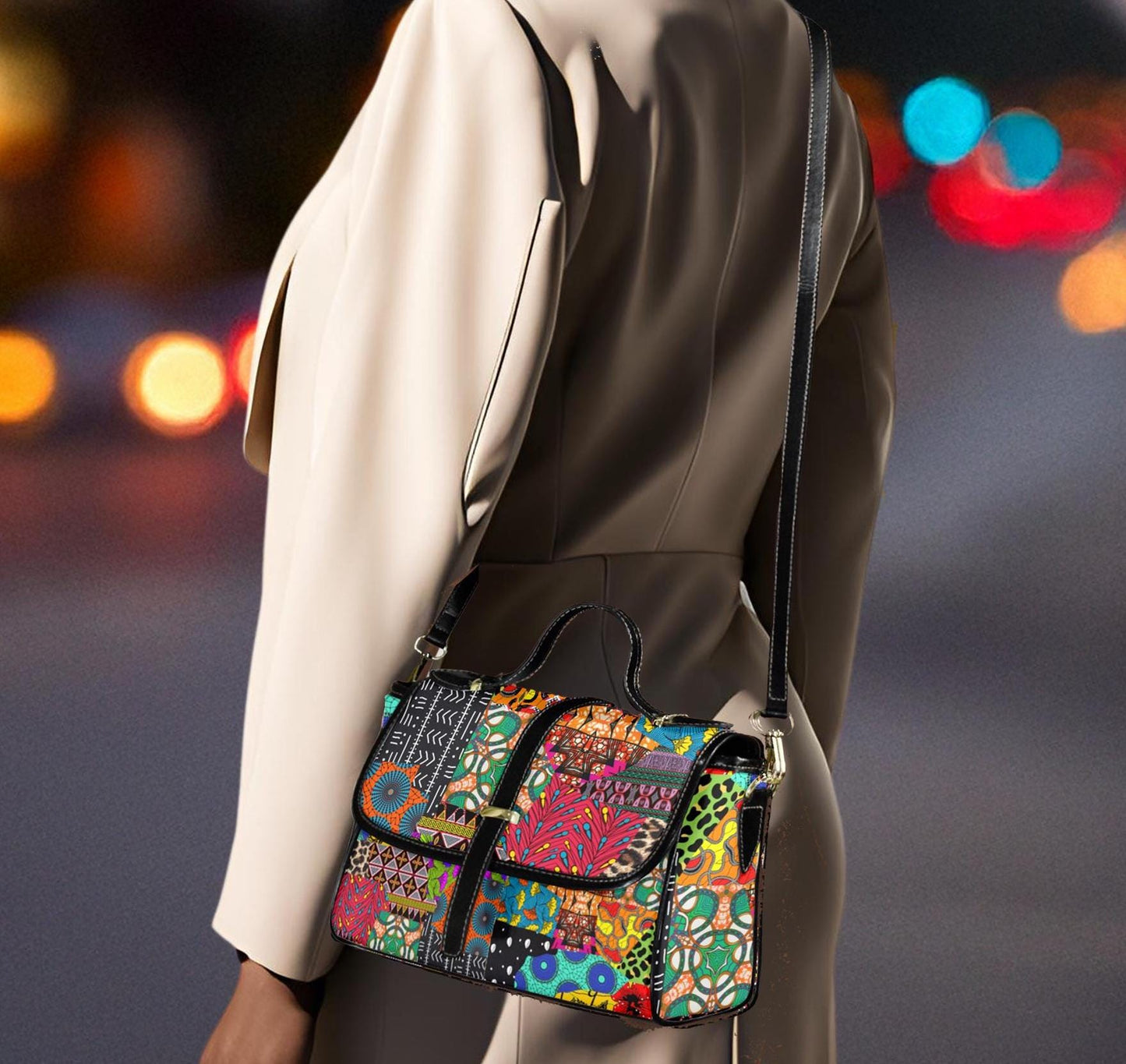 Ankara Print Vegan Leather Satchel Handbag: Black Flap Top, Long Strap, Ready to Ship