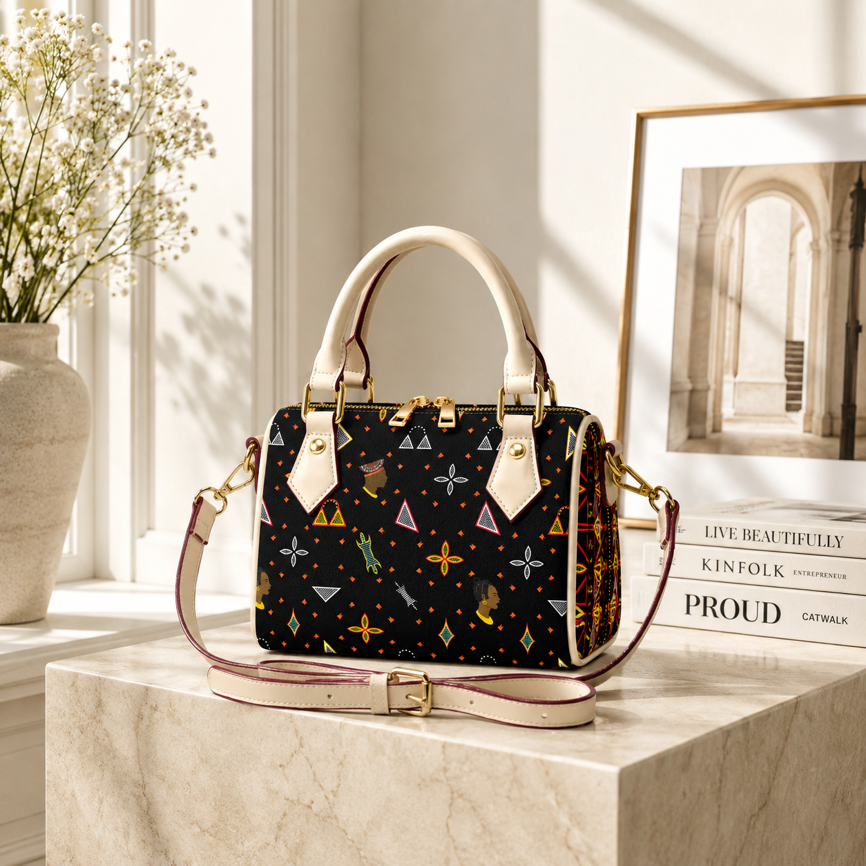 A handbag with a black and gold patterned design sits on a marble surface, accompanied by a framed photograph and a vase of flowers.