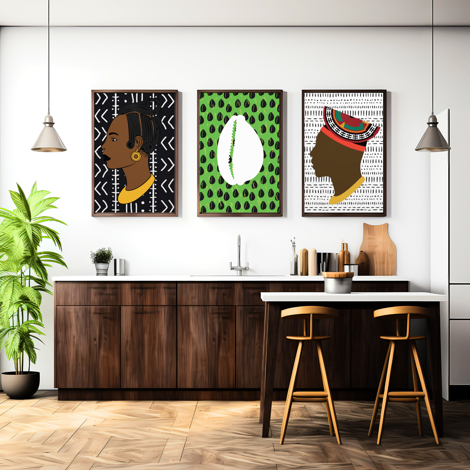 a modern kitchen with a white countertop and wooden cabinets. Three framed prints are displayed on the wall above the countertop, depicting African-inspired designs.