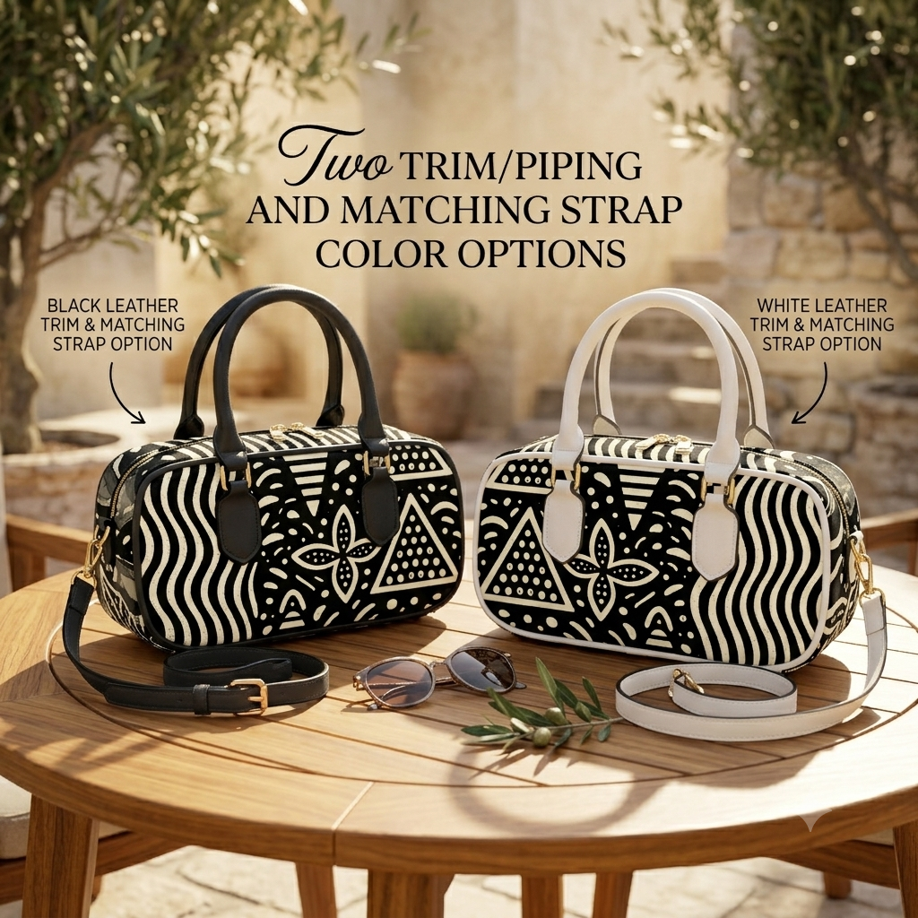 two handbags with different trimming and matching strap options, placed on a wooden table.
