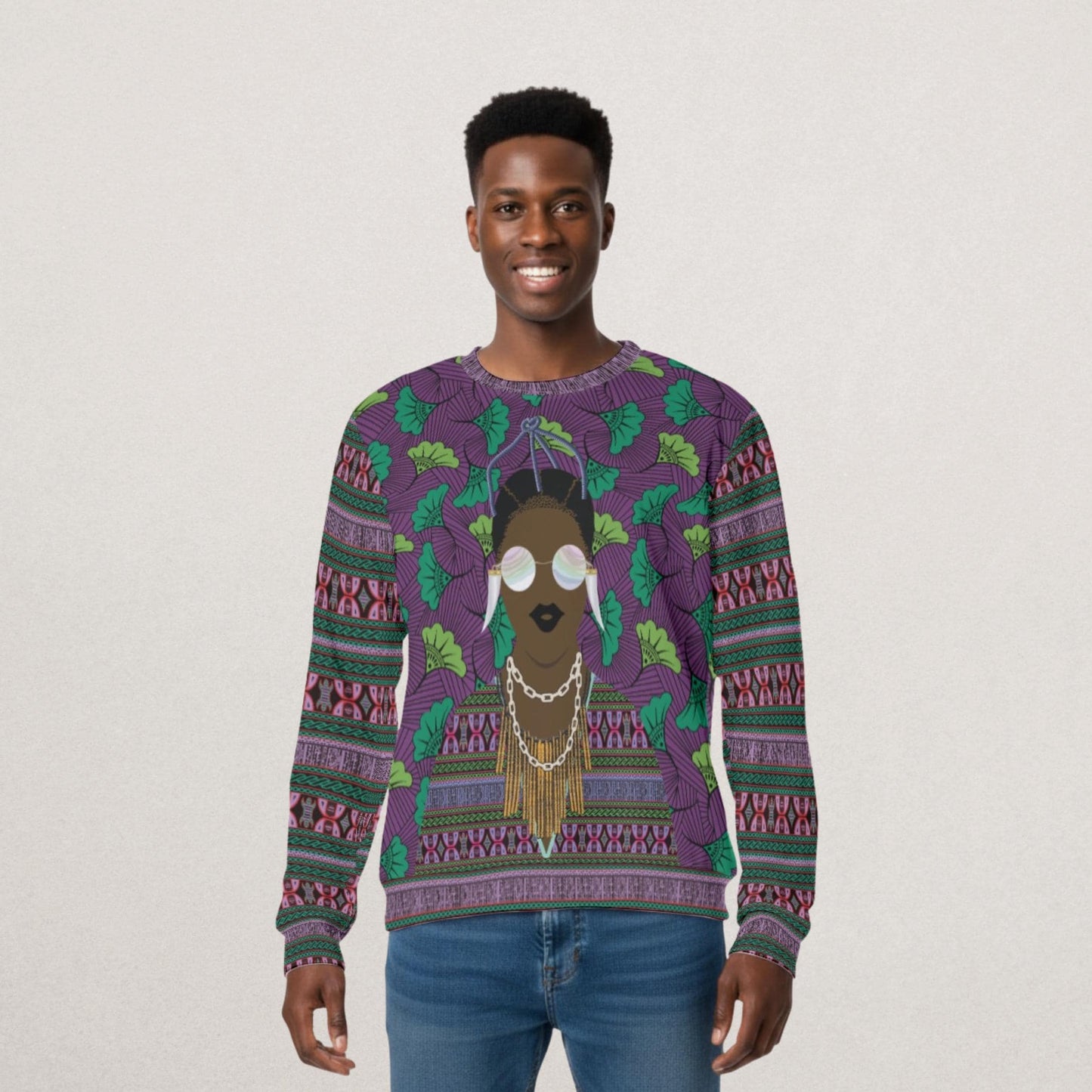 Purple Toghu and Floral Ankara Print African Unisex Sweatshirt for Men and Women, Soft Scuba Fabric Unisex Casual Pullover, Comfortable Fit