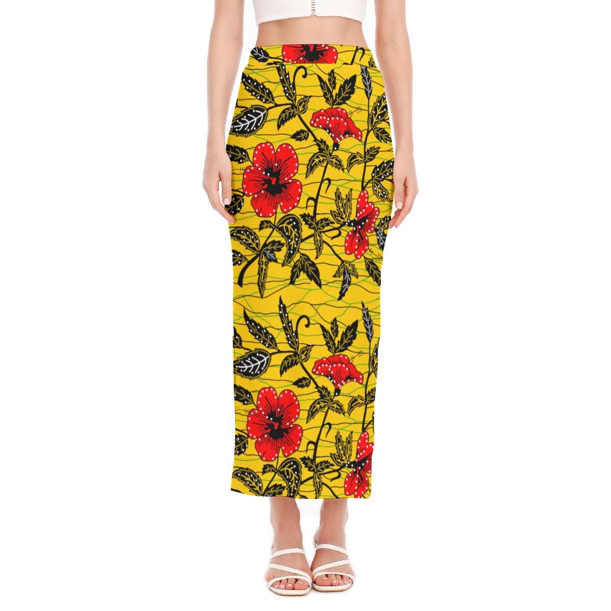 Yellow Floral Ankara Maxi Skirt: African Print Side Slit