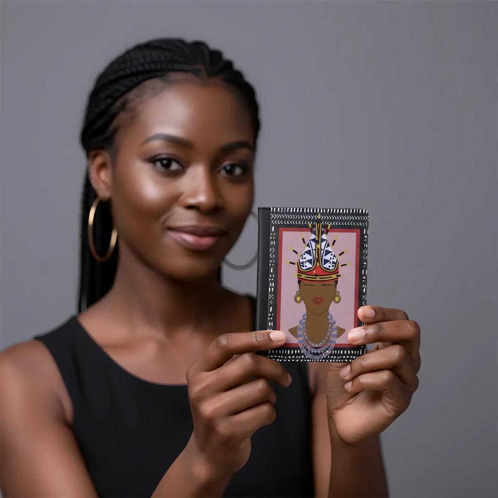 A woman with braided hair is holding a framed picture of a woman's face with a decorative headdress.
