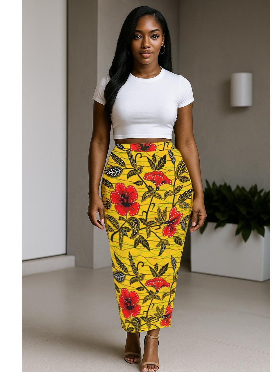 Yellow Floral Ankara Maxi Skirt: African Print Side Slit