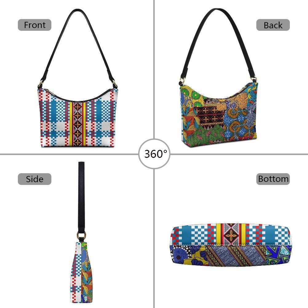 Blue Ankara Plaid Hobo Bag: Two-Sided Mini Shoulder Bag, Ready to Ship