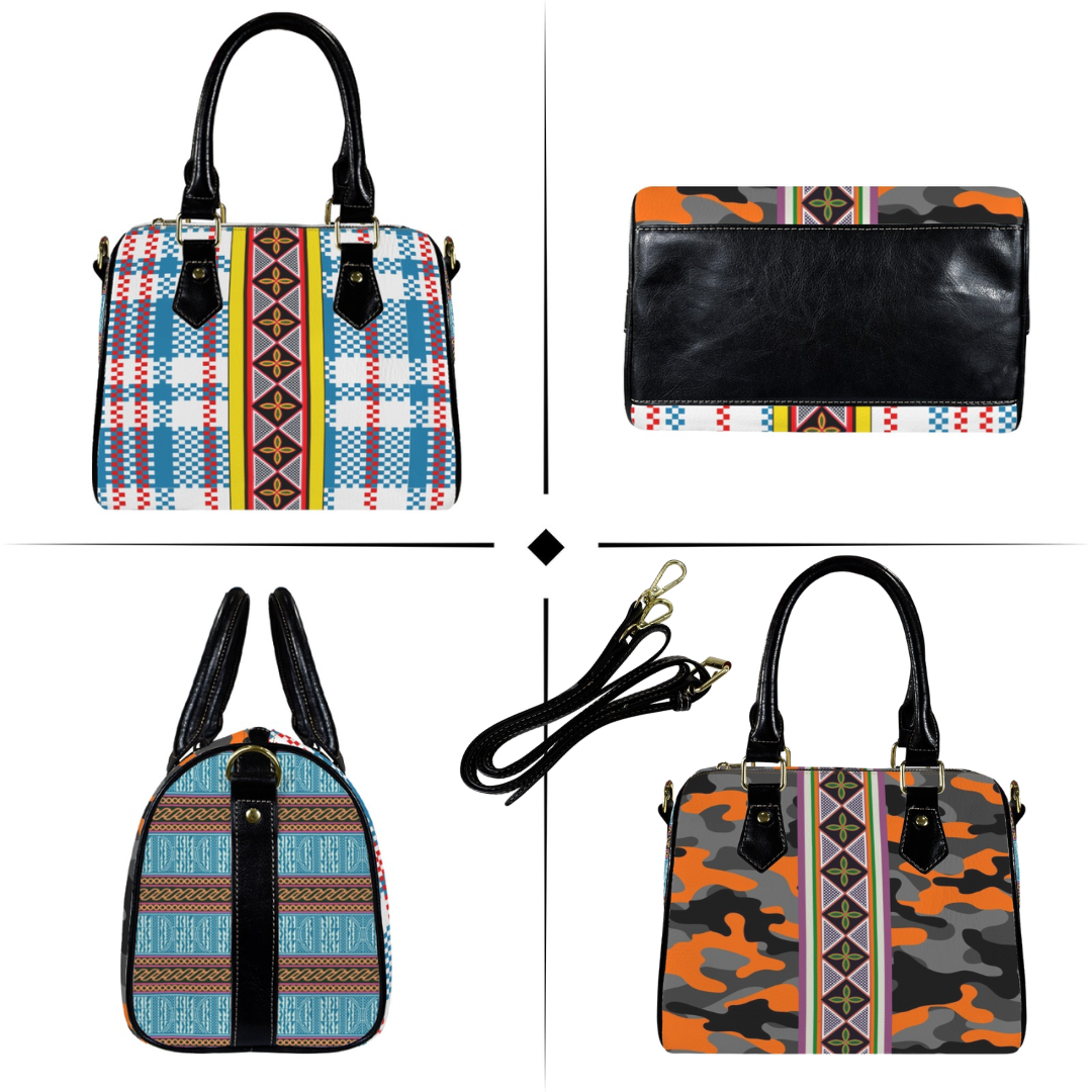 Camo & Plaid, Toghu Stripe Vegan Leather Boston Bag, Two-Sided Satchel Handbag